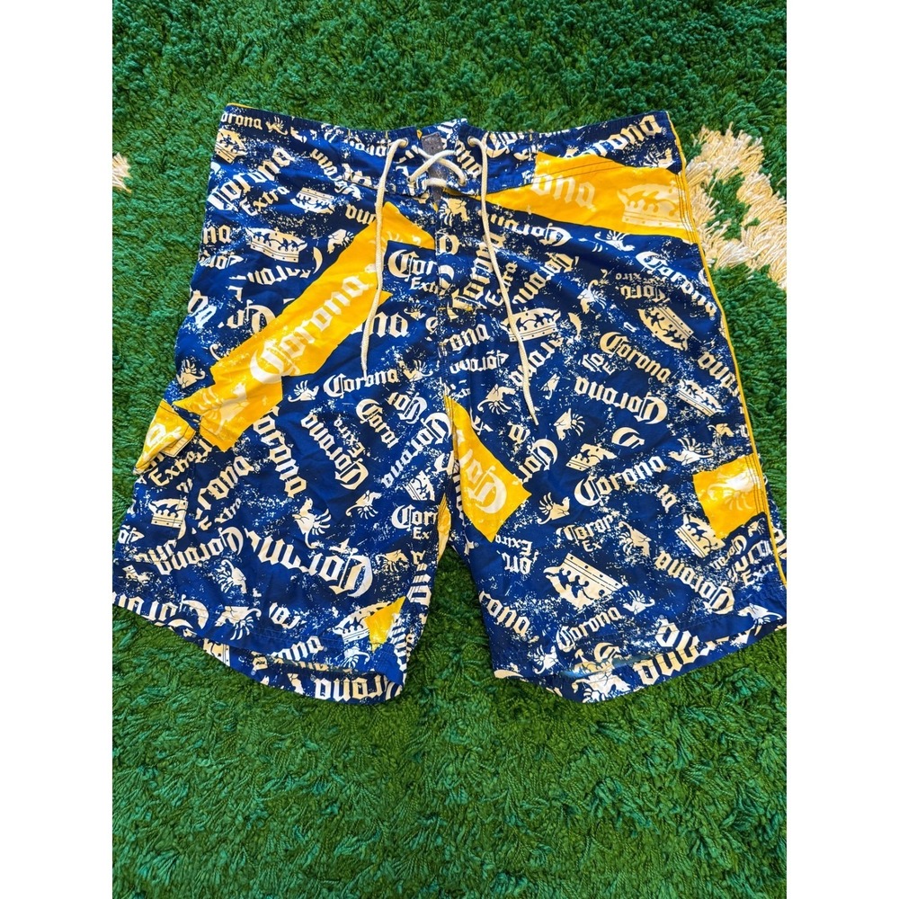 Corona Extra Board Shorts Mens 35 Blue Yellow Excellent All Over Print Swim